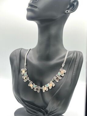 DK Signed Rare 14K Gold and 925 Silver Fire Opal Blue Green Statement Necklace